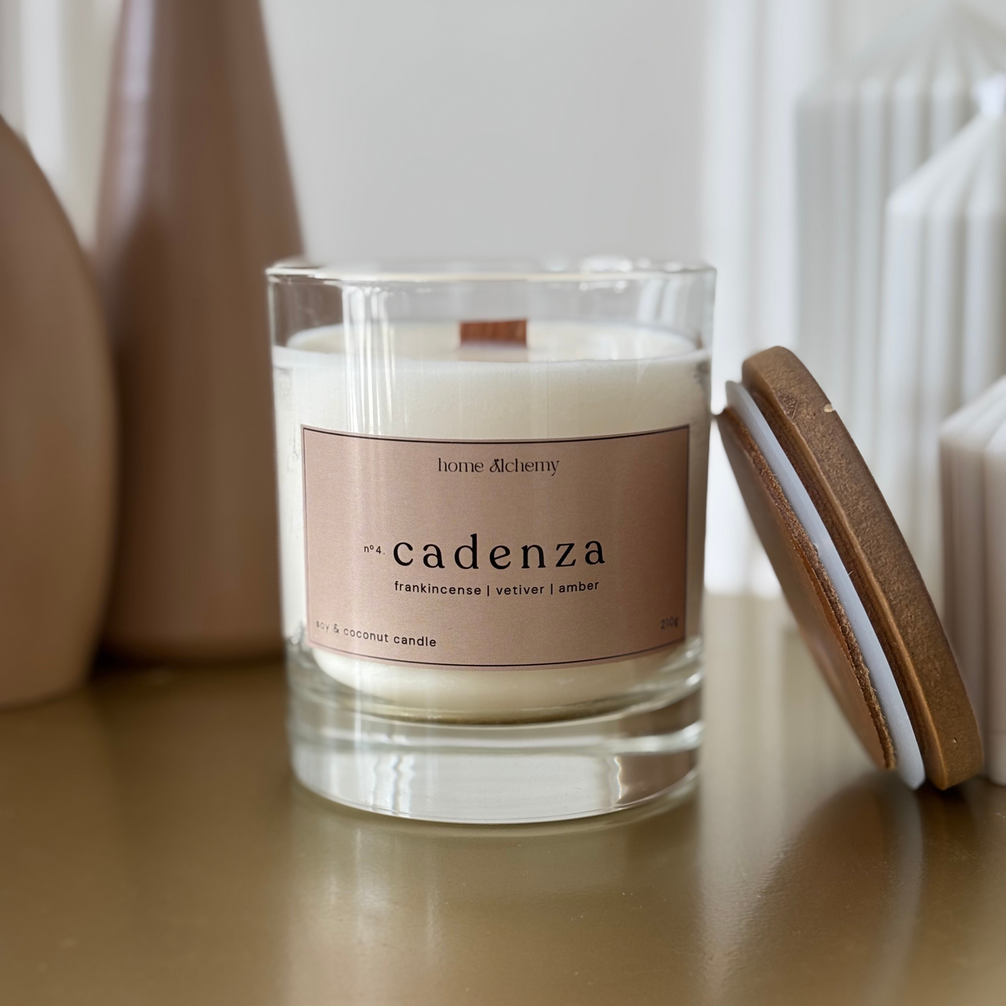 Cadenza eco-conscious handmade candle by Home Alchemy, with dark honey, tobacco, and smoky spice scent