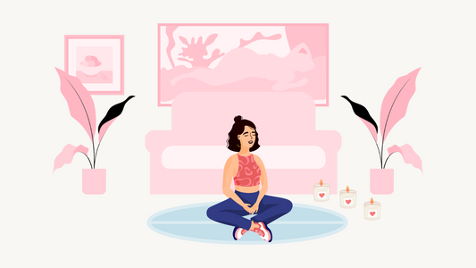 Illustration of a woman doing yoga in her living room with three clean-burning candles