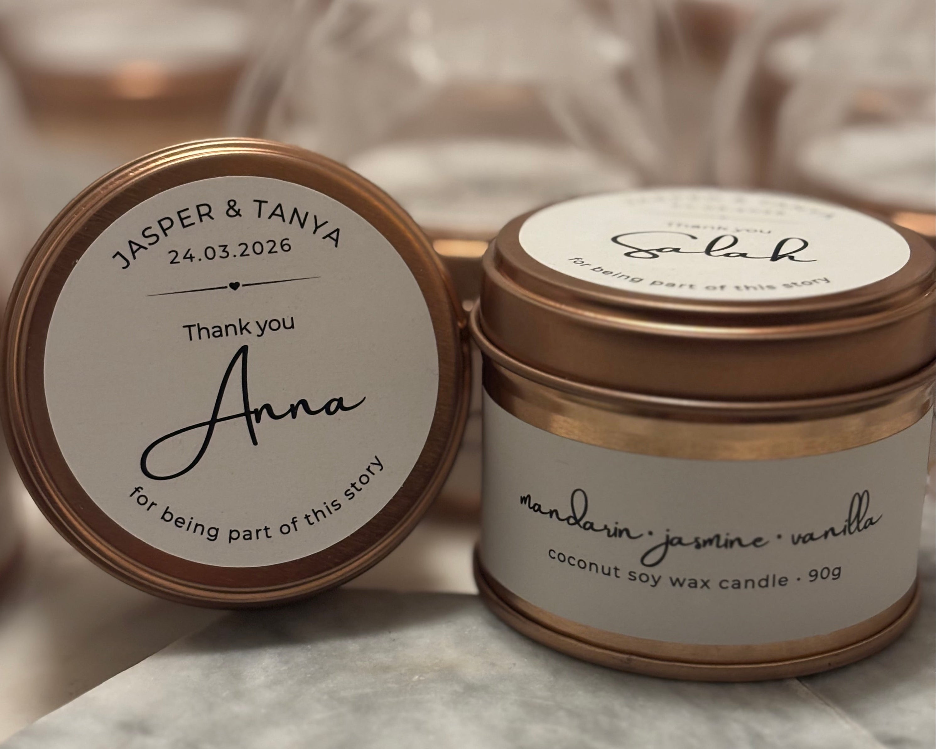 Candle tins with  personalized labels for a wedding
